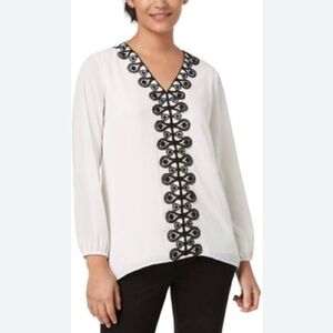 Alfani Women’s Lace-Trim Ivory and Black Long-Sleeved Lined Blouse Size 2X